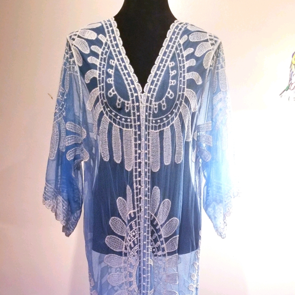 New Vintage Style Blue Lace Kimono/Duster Size L